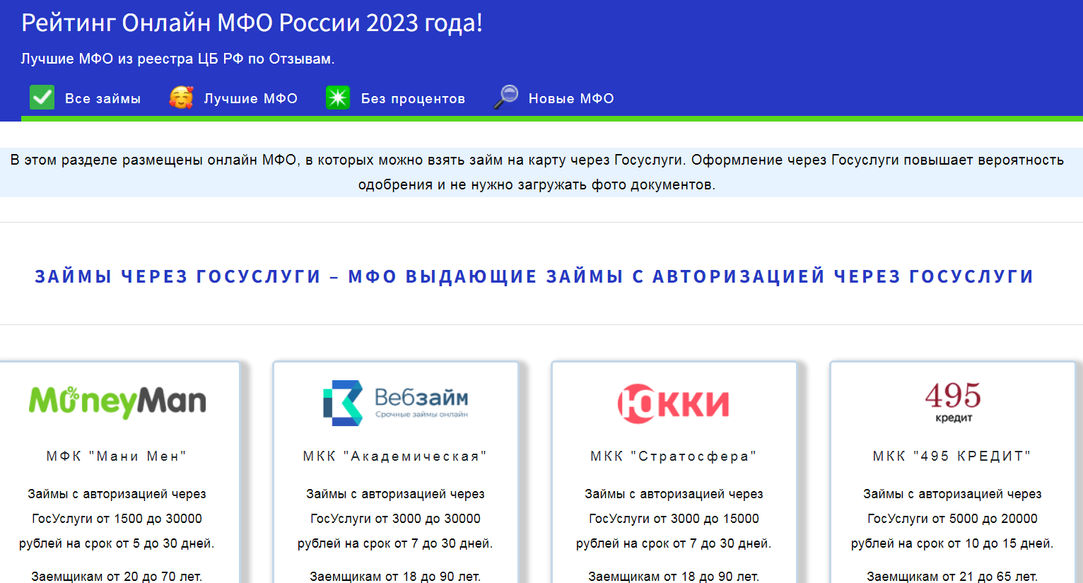 рейтинг онлайн МФО в России